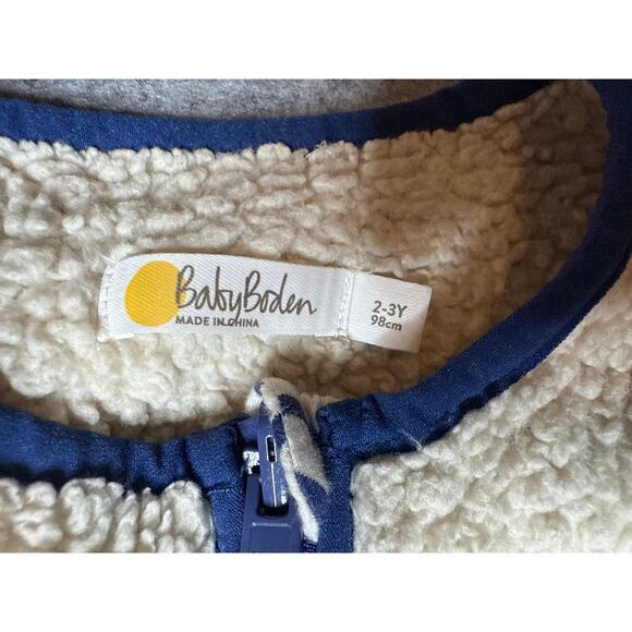 Baby Boden Sherpa Zip Up Vest Boy's 2-3 Y 98 cm Fluffy Beige Blue - Picture 2 of 7